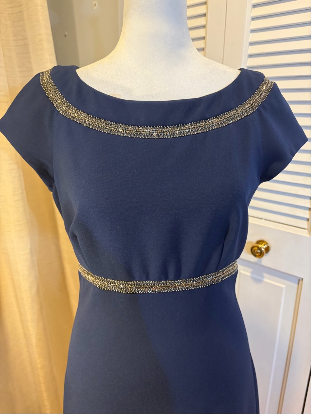 Nicole Miller Navy Midi Dress with Beaded Neckline & Waist